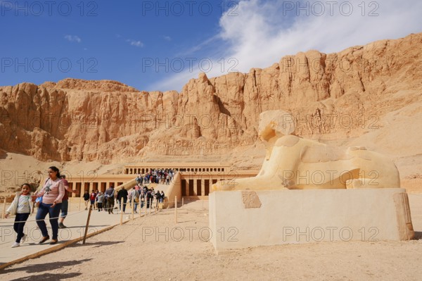 Sphinx and Hatshepsut Temple, Mortuary Temple of Hatshepsut, Deir el-Bahari, Thebes, Luxor, Egypt