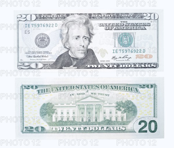 20 US dollar notes, 20 dollar banknotes on white background