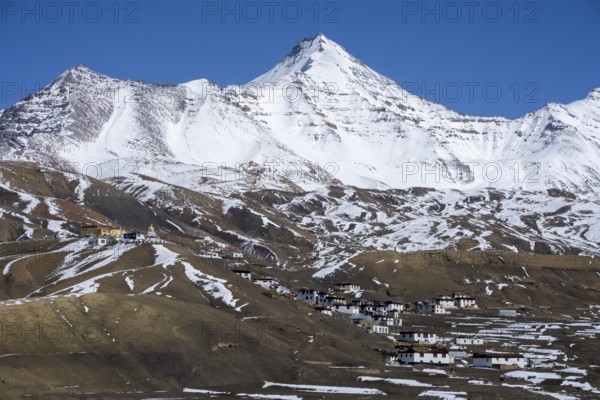 Langza, with snow-capped mountains in the background, Himalayas, Spitital, Kaza, Himachal Pradesh,
