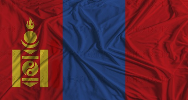 Mongolian flag with fabric texture background. National flag of Mongolia with cloth texture