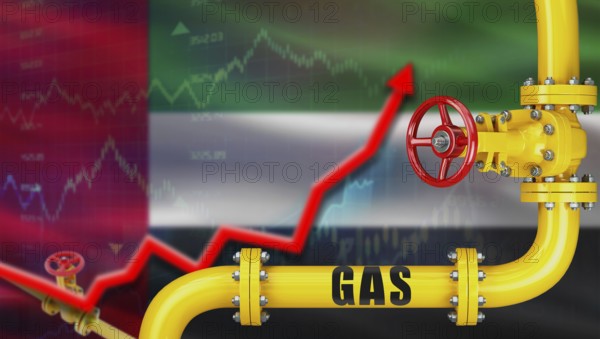 Gas pipeline with United Arab Emirates flag in background. Increase in gas production with United