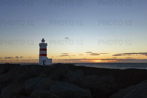 Garður lighthouse, Gardur near Keflavík, sunset at the sea, Suðurnes, Sudurnes, Reykjanes