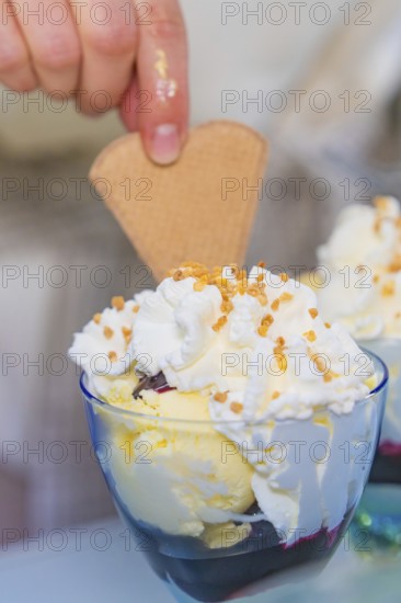 A glass of ice cream with cream and a waffle, decorated with crispy sprinkles, Retro Freizeitpark