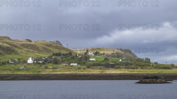 Farms over Loch Sligachan, Sligachan, Isle of Skye, Scotland, UK
