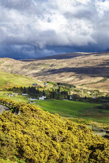 Farms over Loch Harport, Drynoch, Isle of Skye, Scotland, UK