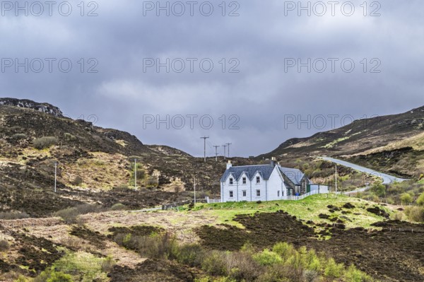 Farms over Loch Harport, Drynoch, Isle of Skye, Scotland, UK