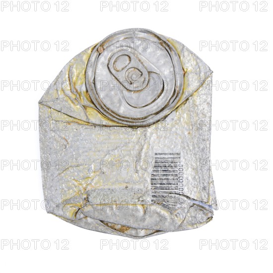 A crumpled aluminum can lies on a clean, white surface, displaying various textures and wear. The