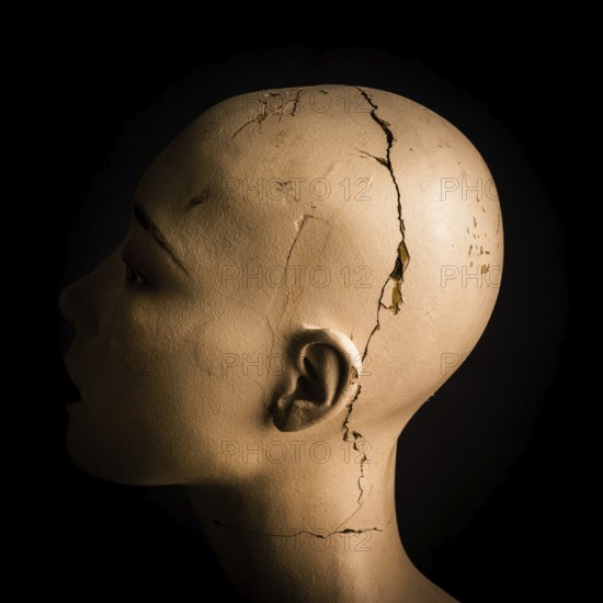 A head of a broken woman dummy is positioned in profile. The damaged surface reveals cracks and