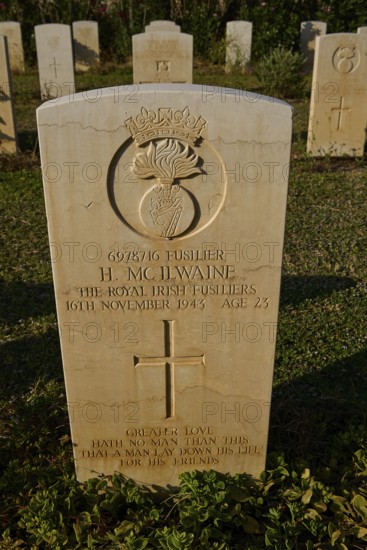An inscribed gravestone with an emblem and carefully engraved text, surrounded by lawn, Military