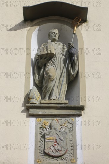 Chapel of St Wolfgang Oberuhldingen, built in 1711, stone figure of St Wolfgang depicted as a