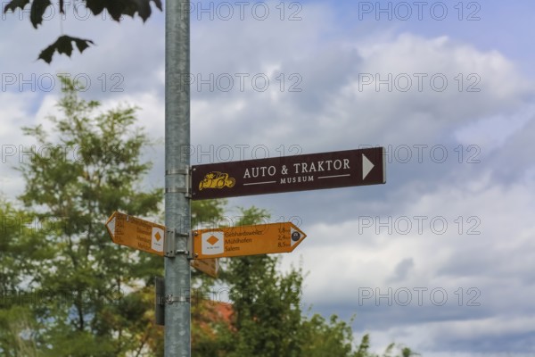 Sign, signpost, car and tractor museum, arrow, distance, writing, letters, Oberuhldingen district,