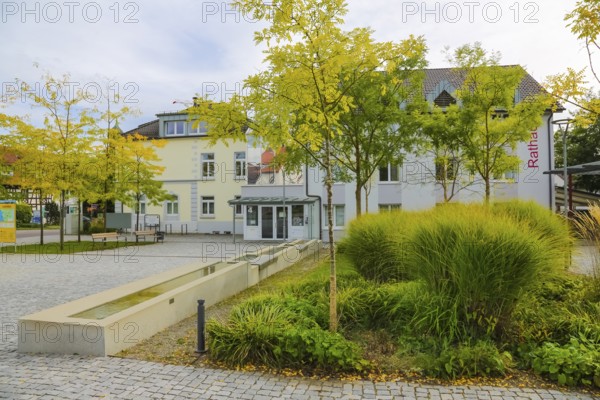 Town hall, paving stones, trees, houses, buildings, water features, water basin, Oberuhldingen