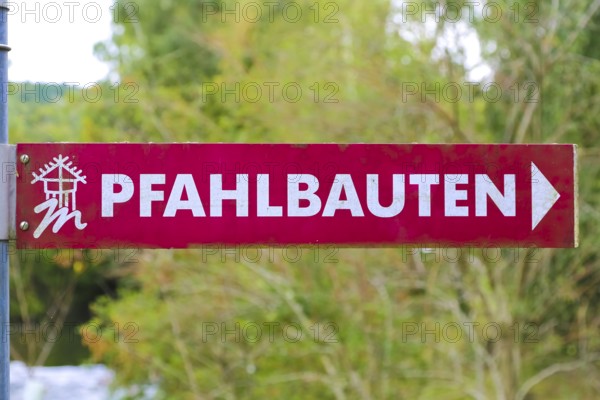 Sign, signpost, pile dwellings, arrow, writing, letters, Oberuhldingen district,