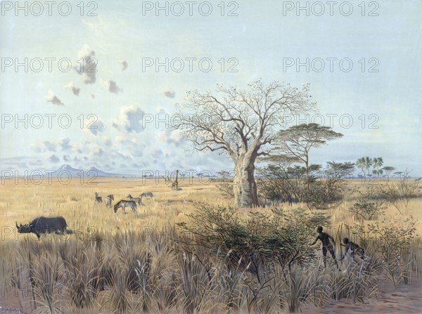 Masai Steppe and Kilimanjaro, Tanzania, Kenya, authentic reproduction of a school mural, historic,