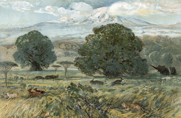 Landscape at the foot of Mount Kilimanjaro, Tanzania, authentic reproduction of a school mural,