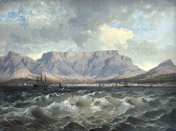 Table Mountain near Cape Town, South Africa, authentic reproduction of a school mural, historic,
