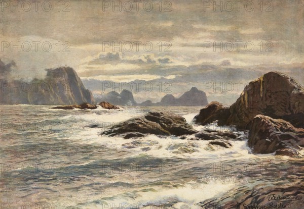 Svolvaer on the Lofoten Islands, Norway, authentic reproduction of a school mural, historic, around