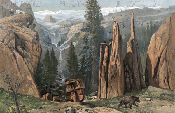 Mountain landscape in North America, rocky mountains, America, authentic reproduction of a school