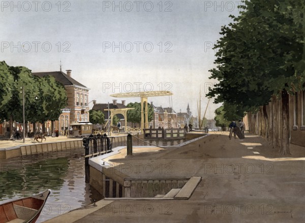 Canal, canal in Amsterdam, the Netherlands, Holland, authentic reproduction of a school mural,