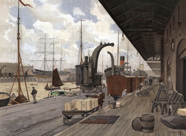 Scene in the port of Rotterdam, Holland, Netherlands, authentic reproduction of a school mural,