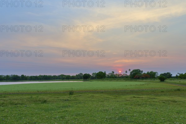 An idyllic landscape with a lake surrounded by trees and a warm morning sky at sunrise, Fazenda
