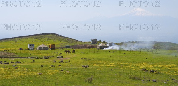Green meadow with tents and smoke in the foreground, Mount Ararat in the background, nomads, tents