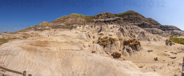Breathtaking panorama of the drumheller badlands showcasing unique hoodoo formations under a