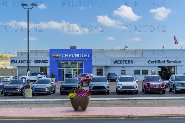 Modern car dealership displaying a variety of new vehicles, representing brands such as buick, gmc,