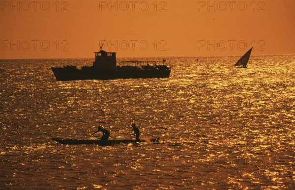 Boats off Zanzibar Town, Orangefilter, Zanzibar, Tanzania, Africa, June 2000, vintage, retro, old,