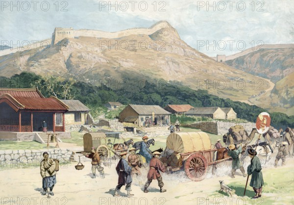 German colony, village scene and Great Wall of China at Nankou Pass, China, authentic reproduction