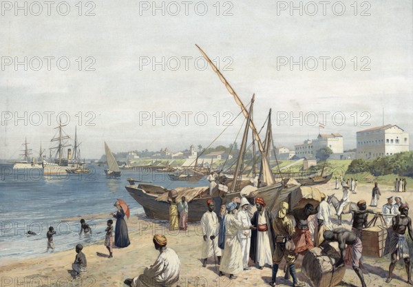 German colony, harbor scene in Dar Es Salam, Tanzania, authentic reproduction of a school mural,