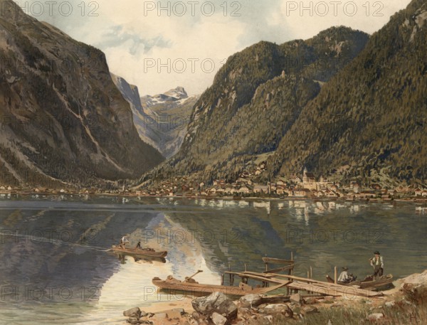 Hallstatt Lake in the Salzkammergut in Austria, authentic reproduction of a school mural, historic,