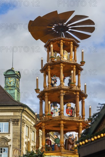 Christmas pyramid in front of clock tower at registry office, Christmas market, city of Esslingen,