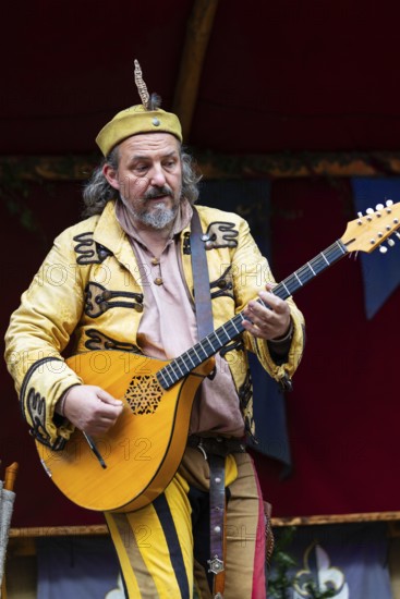 Mandolin player, musician, medieval clothing, medieval market, city of Esslingen, district of
