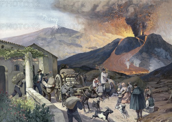 Eruption of Etna, Etna, in Sicily, people flee or pray, Italy, authentic reproduction of a school