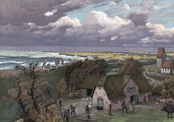 North Sea dike during storm surge, Germany, authentic reproduction of a school mural, historical,