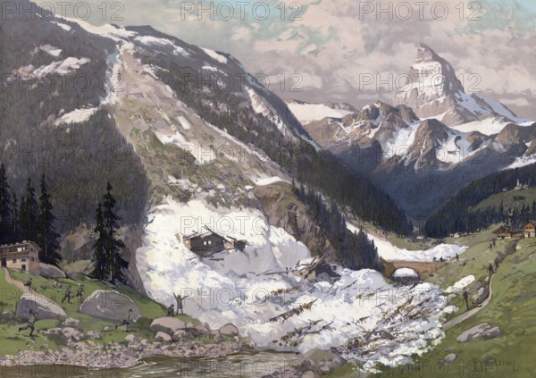 Avalanche in the Alps destroyed houses, Germany, authentic reproduction of a school mural,