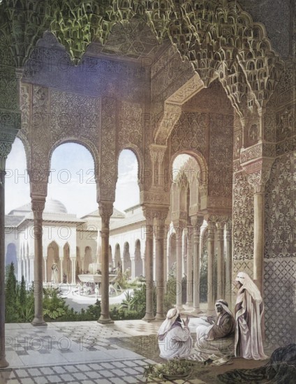 The Lion's Court in the Alhambra in Grenada, Andalusia, Spain, authentic reproduction of a school