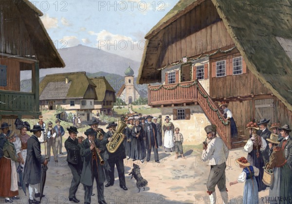 Wedding parade in the Black Forest, Germany, authentic reproduction of a school mural, historical,