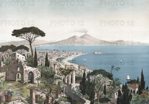Gulf of Naples and Mount Vesuvius, Campania, Italy, authentic reproduction of a school mural,