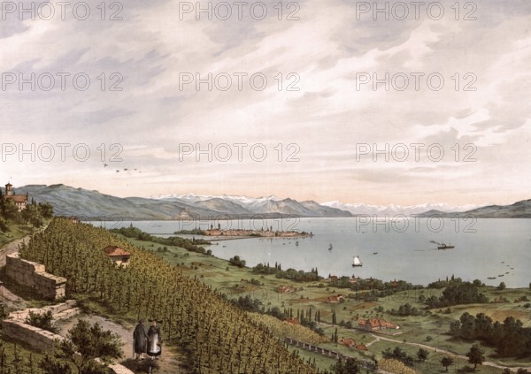 Lake Constance with a view of Lindau, Bavaria, Germany, authentic reproduction of a school mural,