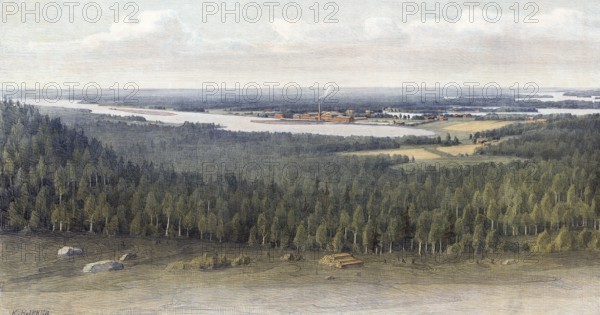 Timber industry in MÃ¤nttÃ¤, forest industry, forest and sawmills, Finland, authentic reproduction