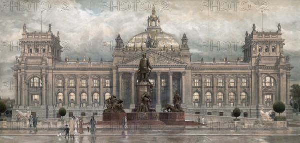 Reichstag building in Berlin, Germany, authentic reproduction of a school mural, historic, around