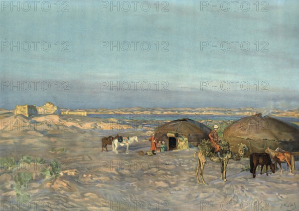 Steppe landscape in Kyrgyzstan, yurts, people, Central Asia, authentic reproduction of a school