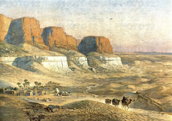 Bedouin with camels in the Sahara desert, Algeria, authentic reproduction of a school mural,