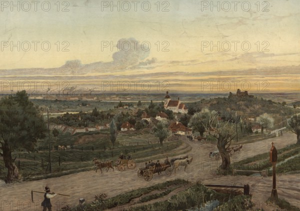 Rural scene in Poland, village and agriculture, authentic reproduction of a school mural,