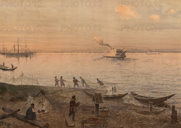 Scene on the Volga with fishermen and fishing boats, evening mood, Russia, authentic reproduction