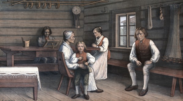Moment of dedication with praying and reading the Bible, farmhouse, family scene from Finland,
