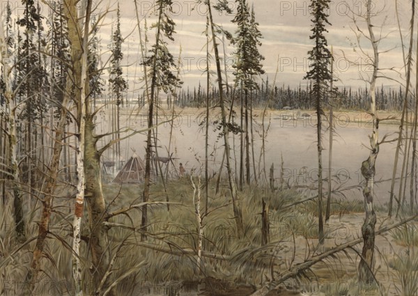 Landscape in the taiga in Siberia, Russia, authentic reproduction of a school mural, historical,
