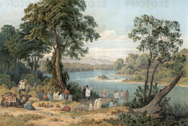 People on the Jordan River, baptism of adults in the river, Middle East, Israel, authentic
